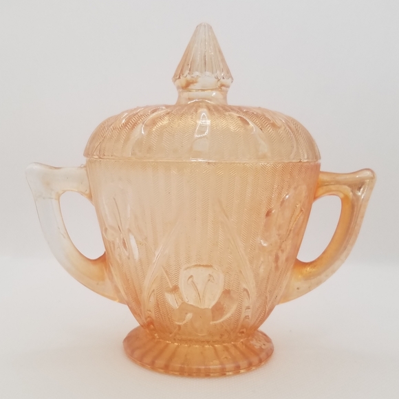 Jeannette Iris and Herringbone Vintage Iridescent Sugar bowl with lid - Picture 8 of 11